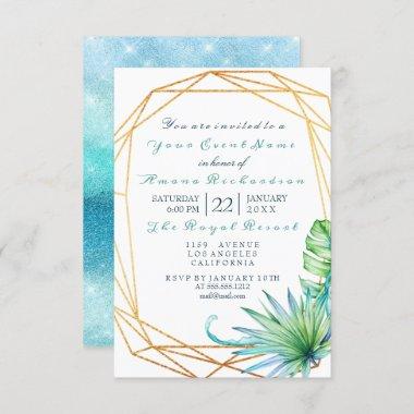 Monstera White Tropic Ocean Gold Birthday Bridal Invitations