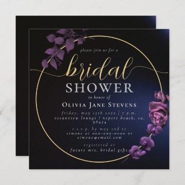 Moody Black Dark Purple Floral Frame Bridal Shower Invitations