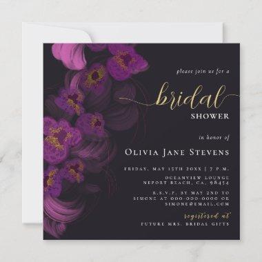 Moody Black Dark Purple Orchids Chic Bridal Shower Invitations
