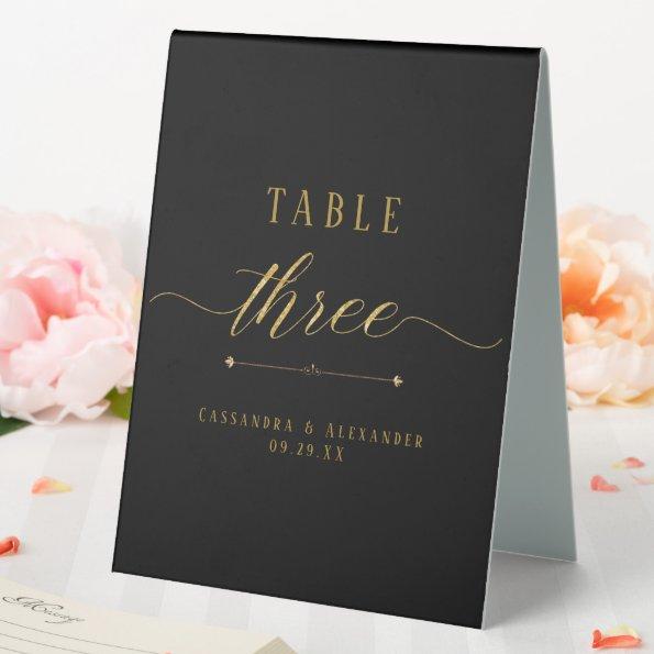 Moody Black n Gold Elegant Script Wedding Three 3 Table Tent Sign