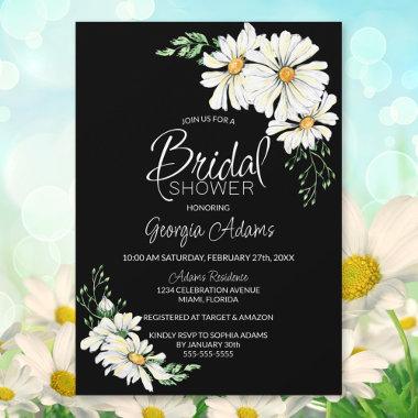 Moody Black with White Daisies Bridal Shower Invitations