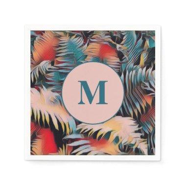 Moody Blue Fern Leaves Botanical Monogrammed Napkins