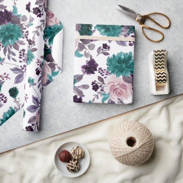 Moody Boho | Eggplant Purple and Teal Rose Pattern Wrapping Paper