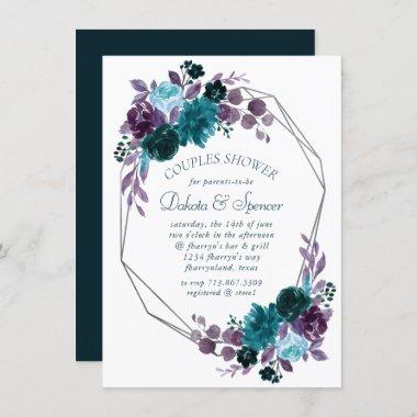 Moody Boho | Teal Floral Silver Frame Baby Shower Invitations