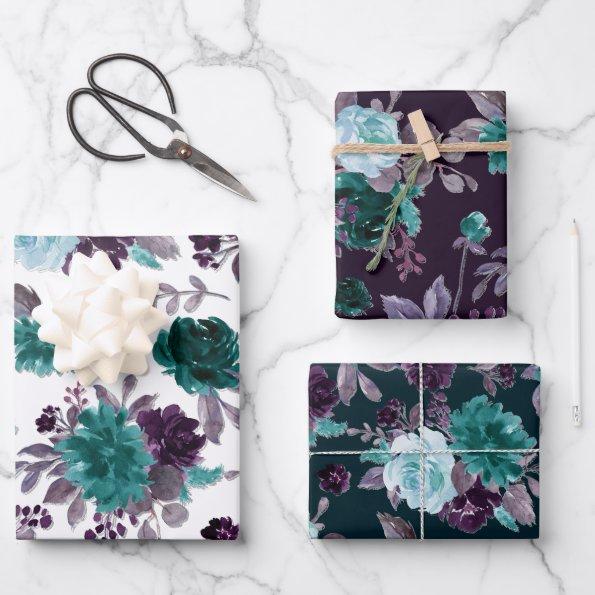 Moody Boho | Teal Turquoise Dark Floral Pattern Wrapping Paper Sheets