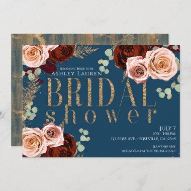 Moody Glam Blue Gold Pink Roses Bridal Shower Invitations