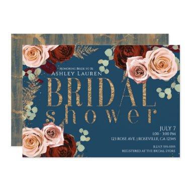 Moody Glam Blue Gold Pink Roses Bridal Shower Invitations