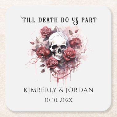 Moody Gothic Skulls 'till death do us part Wedding Square Paper Coaster
