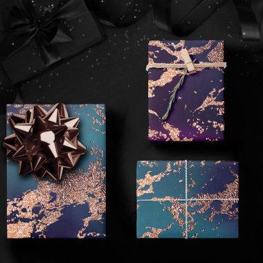 Moody Luxe Marble | Deep Purple and Teal Rose Gold Wrapping Paper Sheets