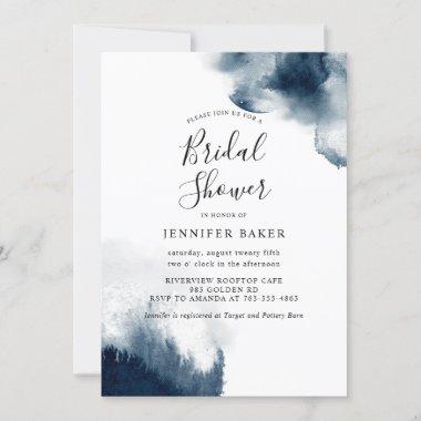 Moody Navy Blue Watercolor Bridal Shower Invitations