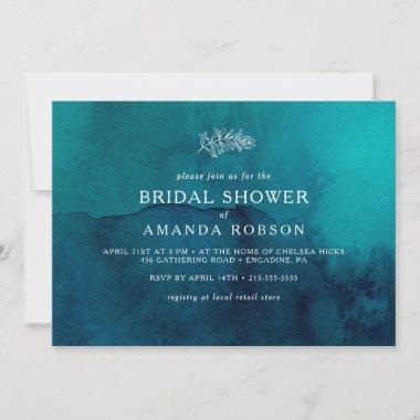 Moody Ocean Watercolor Horizontal Bridal Shower Invitations