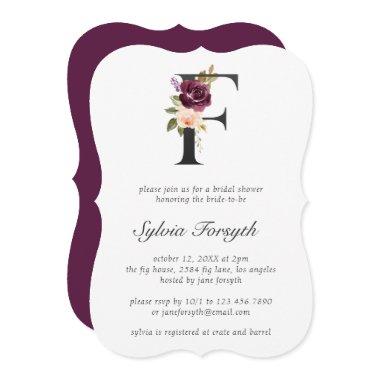 Moody Plum Floral Monogram Bridal Shower Invitations