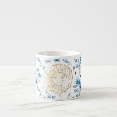Moon and sun. Vintage style illustration. Blue Espresso Cup