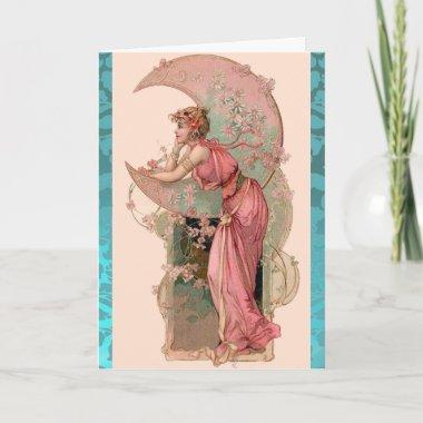 MOON LADY,FLOWERS AND ROSES,PINK BLUE DAMASK Invitations