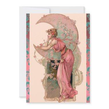 MOON LADY WITH ROSES ,PINK BLUE DAMASK FLOWERS