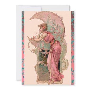 MOON LADY WITH ROSES ,PINK BLUE DAMASK FLOWERS Invitations