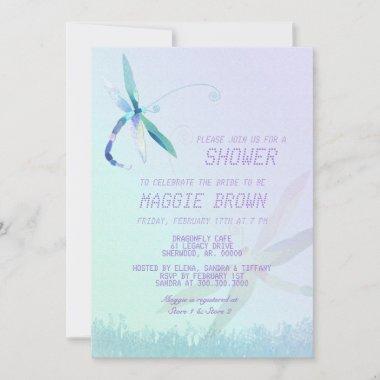 Morning Field Dragonfly Blue Bridal Shower Invitations