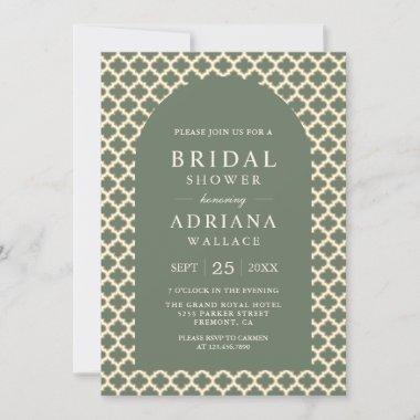 Moroccan Quatrefoil Sage Green Arch Bridal Shower Invitations