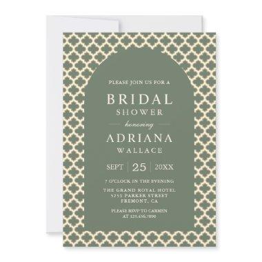 Moroccan Quatrefoil Sage Green Arch Bridal Shower Invitations