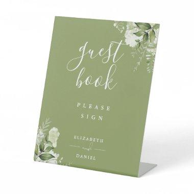 Moss Green Elegant Floral Greenery Guest Book Pedestal Sign
