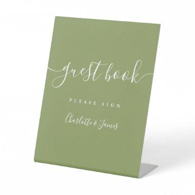 Moss Green Elegant Modern Script Guest Book Pedestal Sign