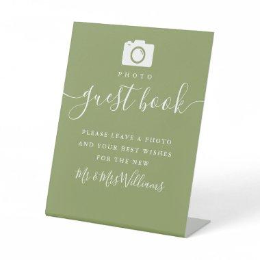Moss Green Elegant Modern Script Photo Guest Book Pedestal Sign