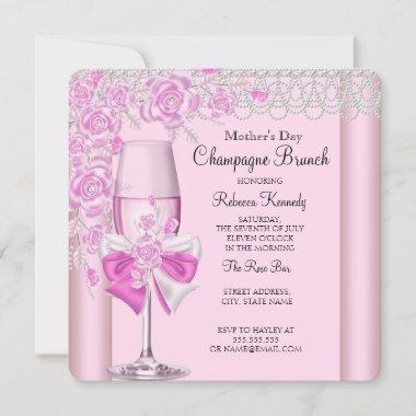 Mother's Day Pretty Pink Rose Champagne Brunch 2C Invitations