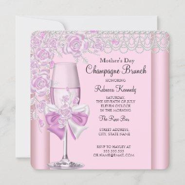 Mother's Day Pretty Pink Rose Champagne Brunch 2D Invitations