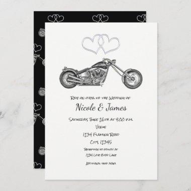 Motorcycle Black & Silver Hearts Biker Wedding Invitations
