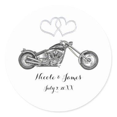 Motorcycle & Silver Hearts Biker Wedding Favor Classic Round Sticker