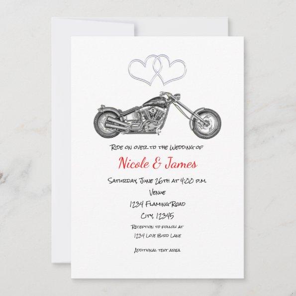 Motorcycle & Silver Hearts Biker Wedding Invitations