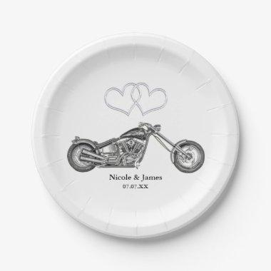 Motorcycle & Silver Hearts Biker Wedding Paper Plates