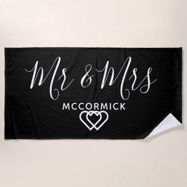 Mr And Mrs Black and White Monogram Personalized Beach Towel
