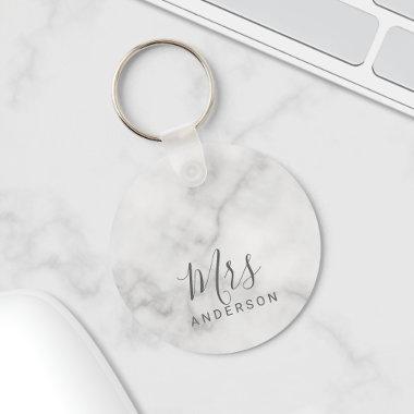 Mr and Mrs | Elegant Marble Modern Script Wedding Keychain