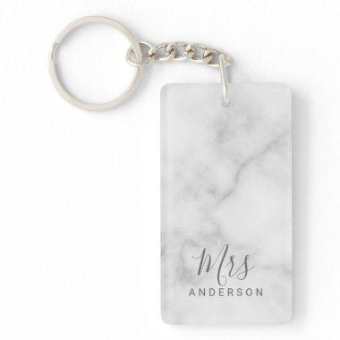 Mr and Mrs | Elegant Marble Modern Script Wedding Keychain