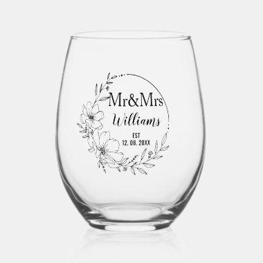 Mr And Mrs Floral Anniversary Family Name Est Stemless Wine Glass