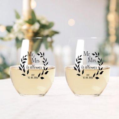 Mr And Mrs Greenery Anniversary Family Name Est Stemless Wine Glass