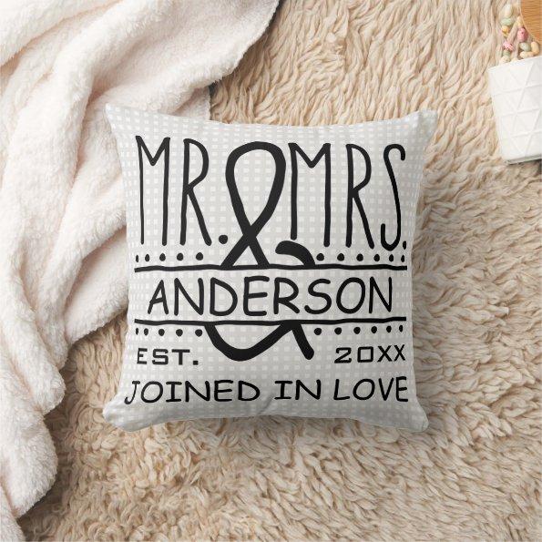 Mr and Mrs Personalized Wedding Last Name and Date Throw Pillow