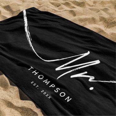 Mr. Custom Modern Black White Minimalist Beach Towel