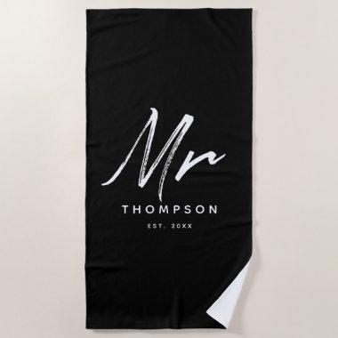 Mr. Modern Black White Minimalist Script Beach Towel