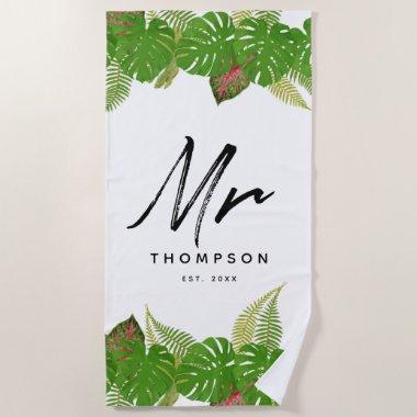Mr. Modern Tropical Leaves Minimalist Script  Bea Beach Towel