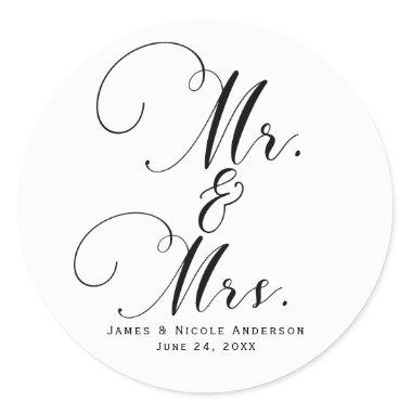 Mr. & Mrs. Black White Script Custom Wedding Favor Classic Round Sticker