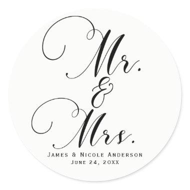 Mr. & Mrs. Black White Script Custom Wedding Favor Classic Round Sticker