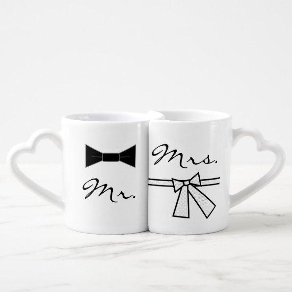 Mr. & Mrs. Bow Tie & Bow, w/ Joining Heart on Back Coffee Mug Set