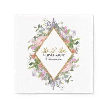 Mr. & Mrs. Gold Faux Glitter Wildflower Floral Art Paper Napkins