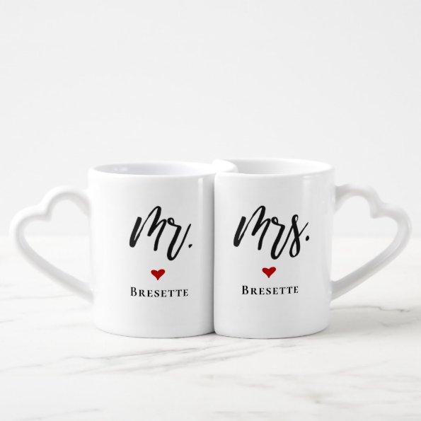 Mr. Mrs. Married Name Red Heart Engagement Coffee Mug Set