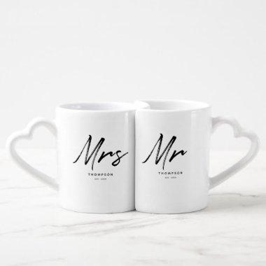 Mr. & Mrs. Modern Black White Minimalist Script Coffee Mug Set