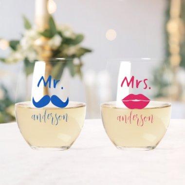 Mr & Mrs. Mustache Lips Personalized Wedding Stemless Wine Glass