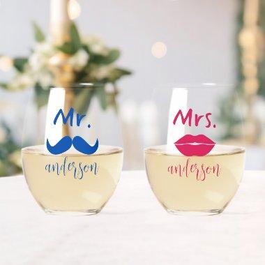 Mr & Mrs. Mustache Lips Personalized Wedding Stemless Wine Glass