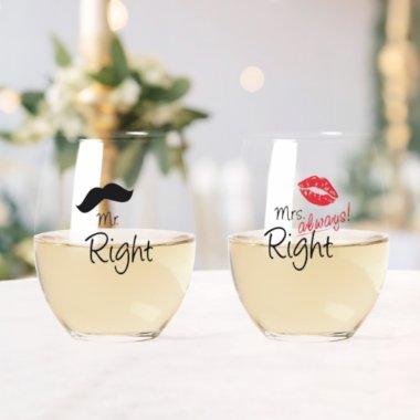 Mr & Mrs. Right Mustache Red Lips Wedding Stemless Wine Glass